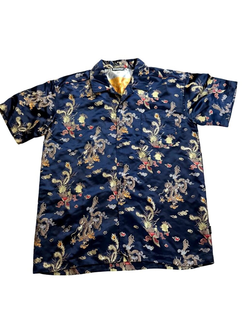 Odo Men's Button Front Shirt M Blue Dragon Embroidered Short Sleeve Vintage 90s